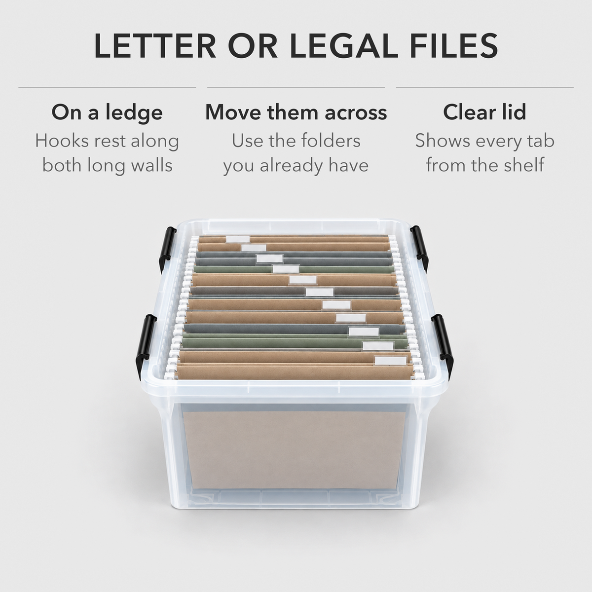 Looking down into an open file box with hanging folders resting on the ledges along both long walls