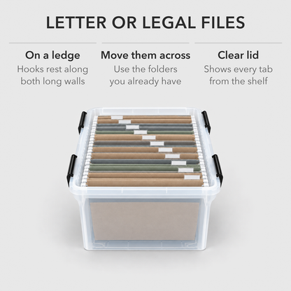 Looking down into an open file box with hanging folders resting on the ledges along both long walls