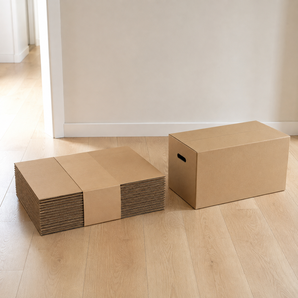 Flat bundle of cardboard moving boxes on the floor beside one box made up and closed