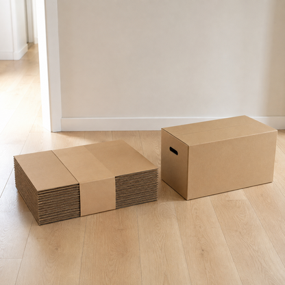 Flat bundle of cardboard moving boxes on the floor beside one box made up and closed
