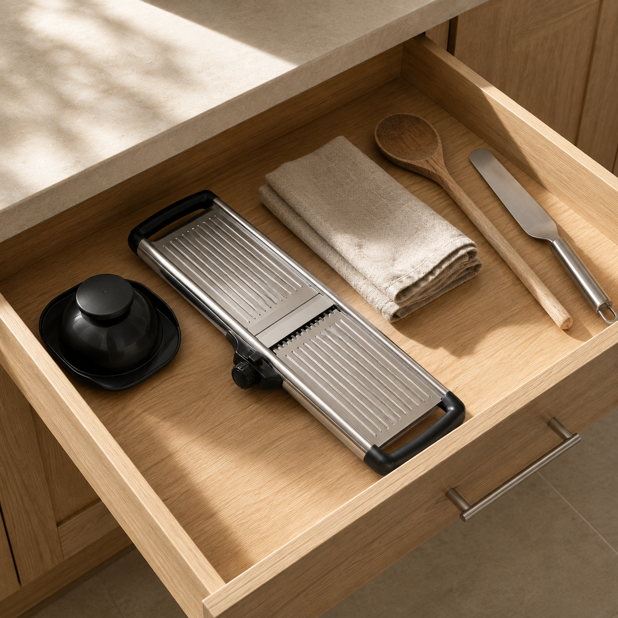 Mandoline slicer folded flat with its legs closed, lying in an open oak kitchen drawer beside a wooden spoon, linen cloth and palette knife
