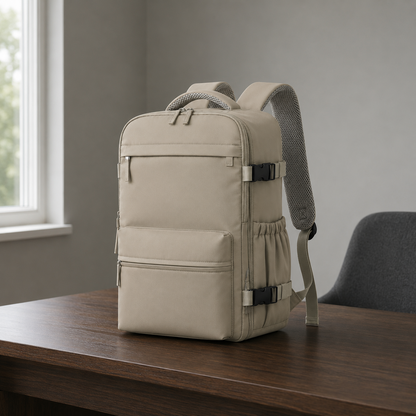 Taupe laptop backpack on a dark walnut desk in a home office