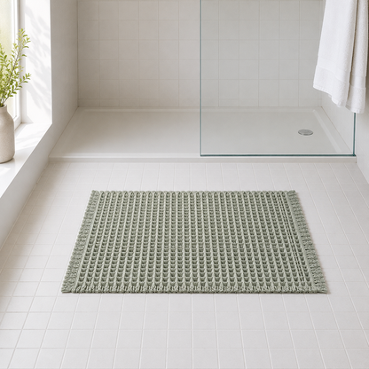 Green waffle weave bath mat with fringed edges on white tiles beside a walk-in shower