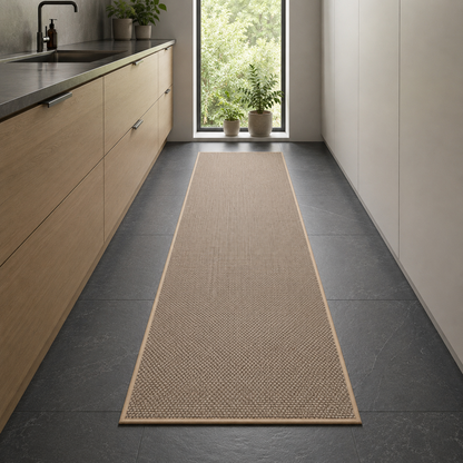 Beige woven kitchen rug in the extra-long runner size down a dark galley kitchen floor