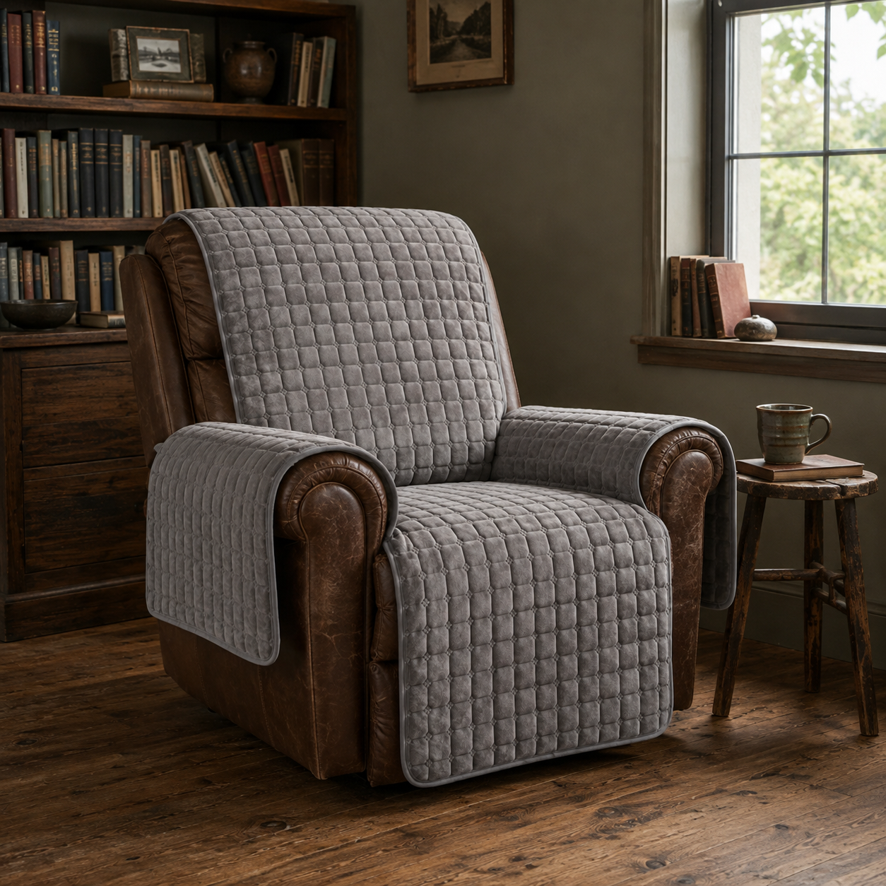 Gray quilted cover laid over an older brown leather recliner in a book lined den, with a separate quilted panel over each arm