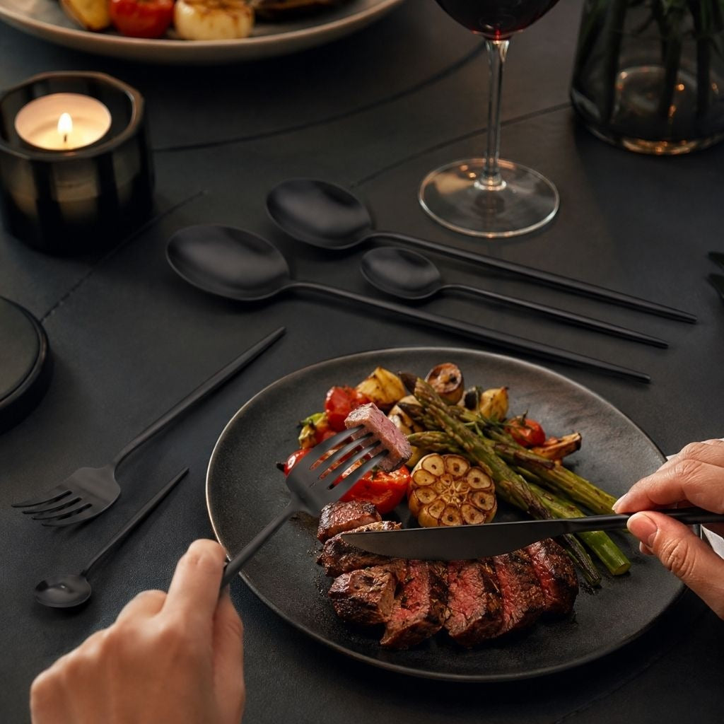 Matte black knife and fork cutting steak on a dark plate, with black spoons on the table