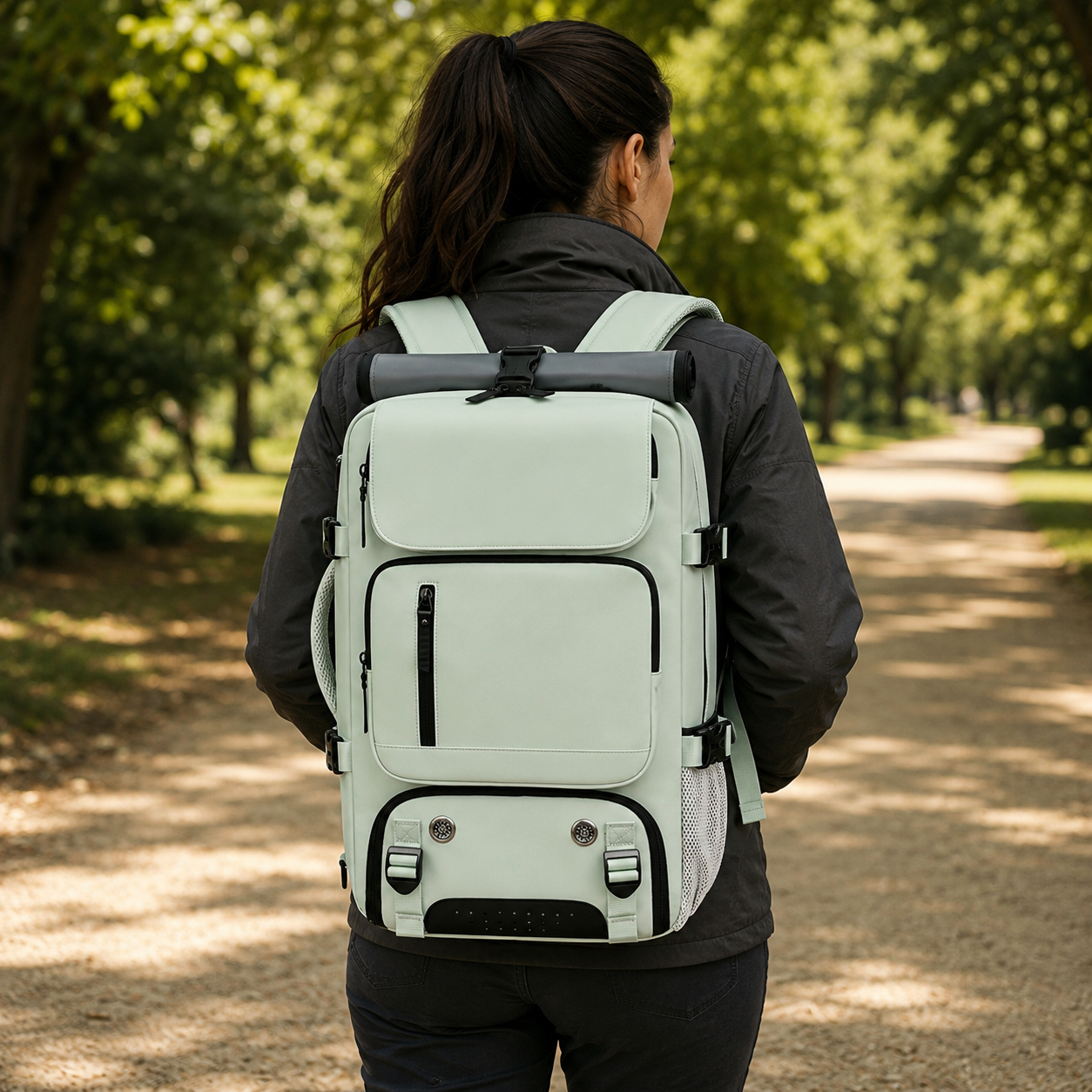 Mint green travel backpack worn on a sunlit park path, seen from behind, with the rolled gray sheet strapped across the top