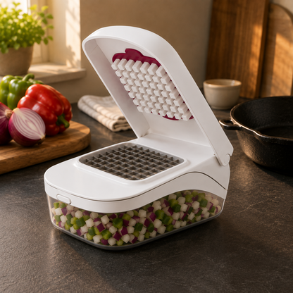 White vegetable chopper open on a dark slate worktop beside a cast iron pan and a board of peppers and onion, its clear container holding diced onion and green pepper.