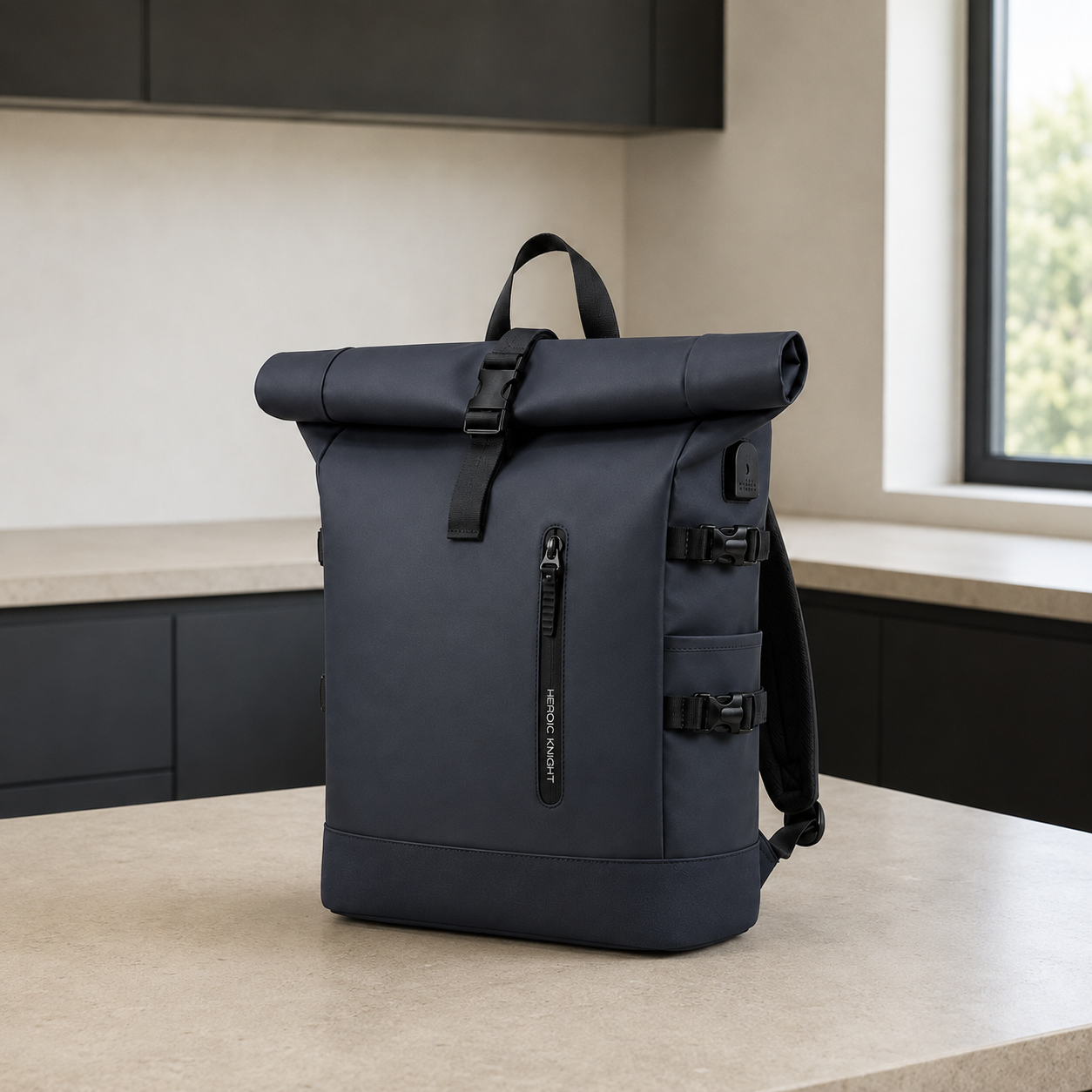 Navy Blue roll top backpack standing on a pale stone kitchen worktop in daylight