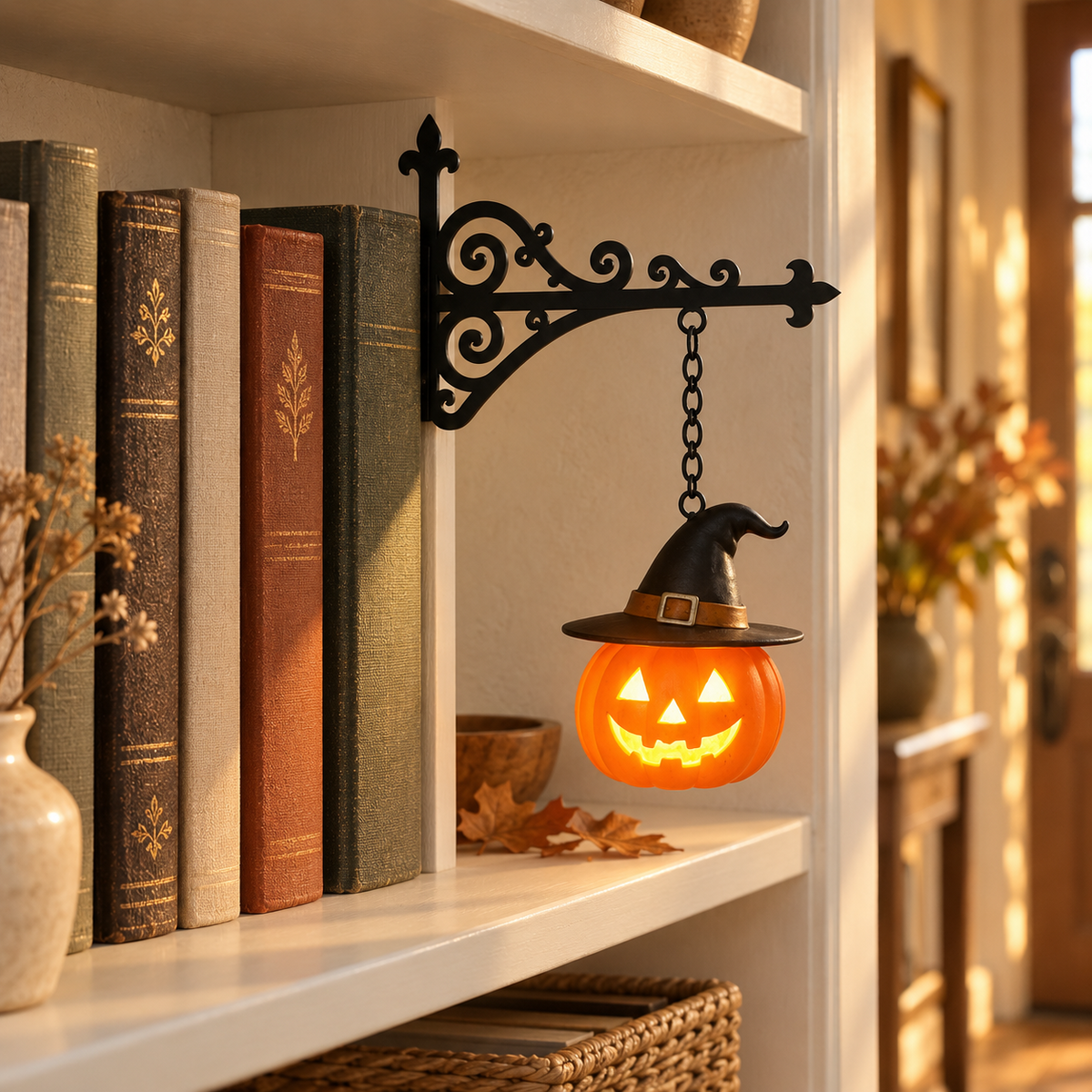 Pumpkin pendant, an orange jack-o'-lantern under a witch hat, on the black bracket on a white hallway shelf