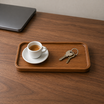 Small rectangular wooden tray on a desk with an espresso cup and keys