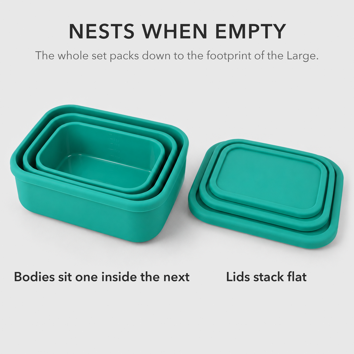 Three green silicone containers nested one inside the next beside their three lids stacked flat