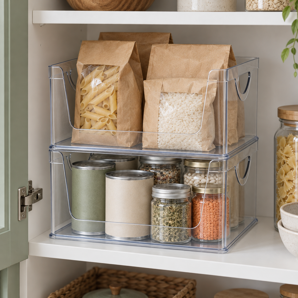 Two clear open-front pantry bins stacked in a kitchen cabinet, the lower one still open at the front