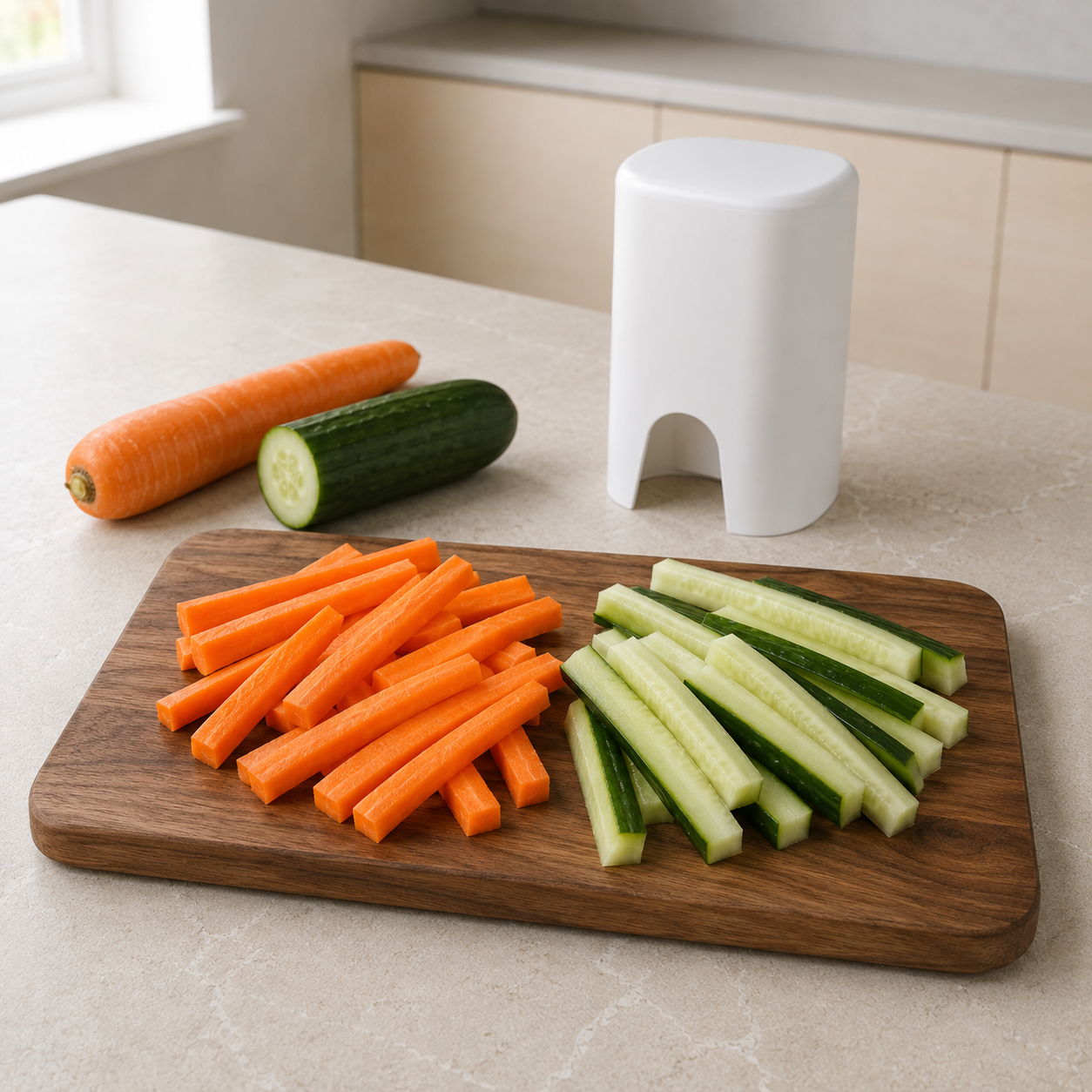 Carrot and cucumber cut into even sticks on a walnut board, with the fry cutter standing behind