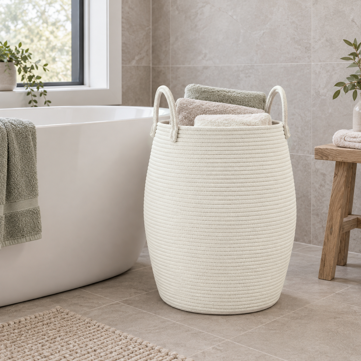 A white rope laundry hamper holding folded towels beside a bathtub.
