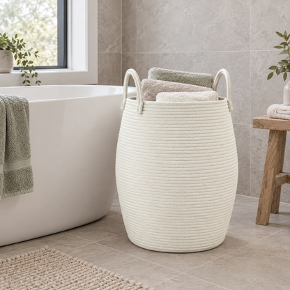 A white rope laundry hamper holding folded towels beside a bathtub.