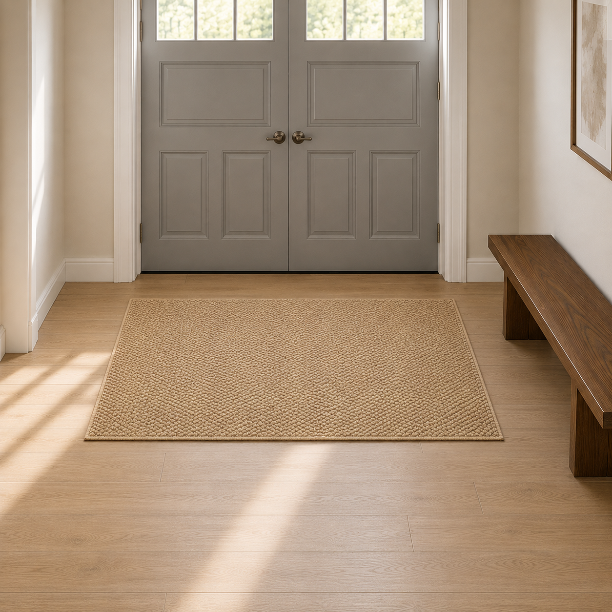 Large size beige loop pile doormat on pale oak boards in front of a pair of closed grey double doors in a wide entrance hall, with a walnut bench to the right