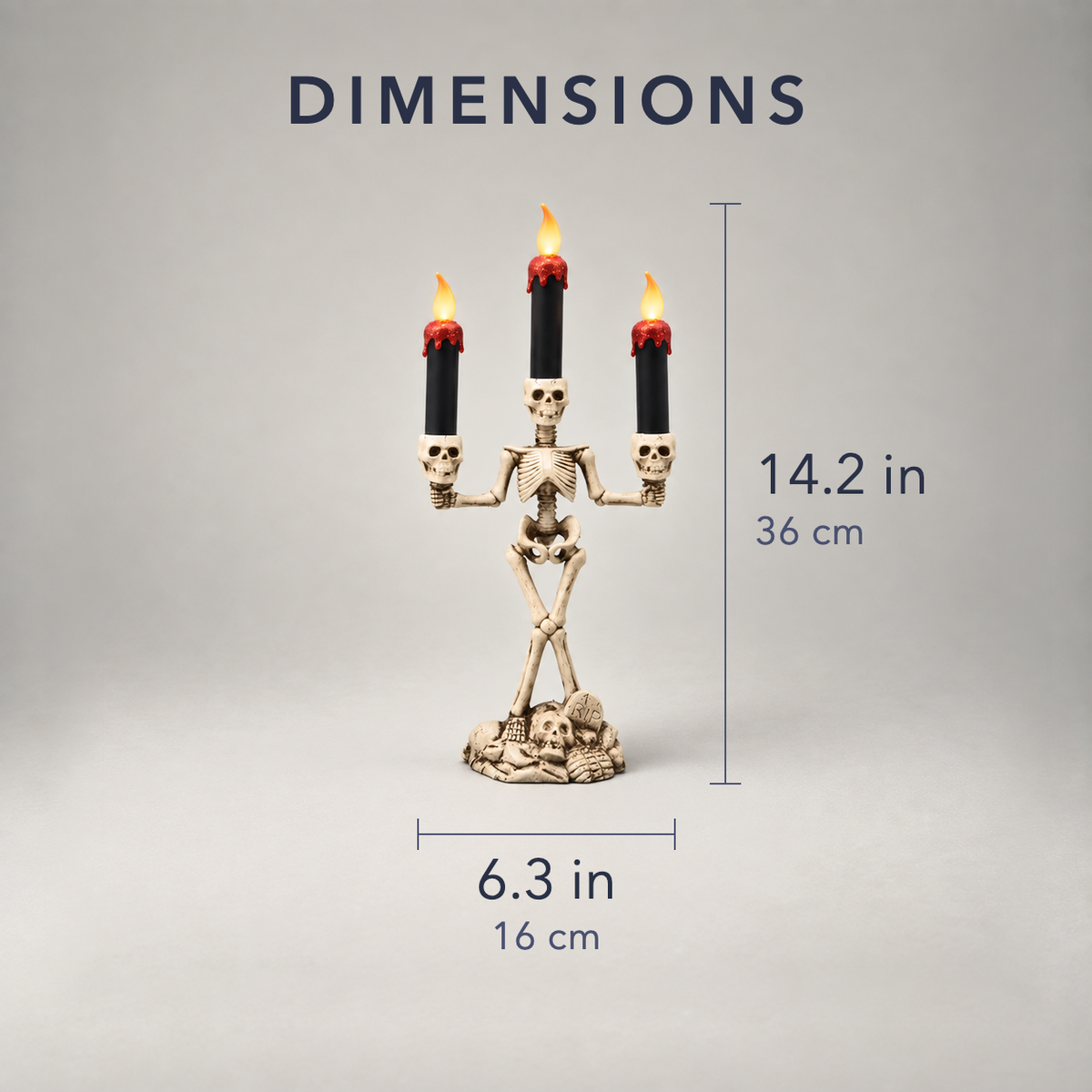 Dimensions of the skeleton candle holder, 14.2 inches tall and 6.3 inches wide