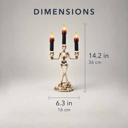 Dimensions of the skeleton candle holder, 14.2 inches tall and 6.3 inches wide
