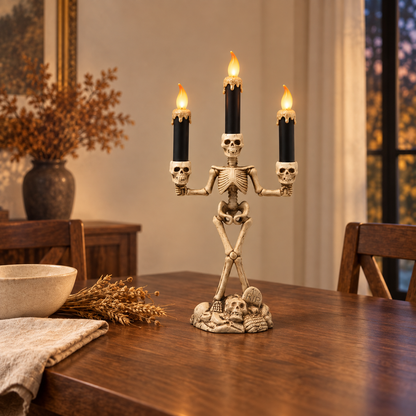 Skeleton candle holder with gold candles lit on a walnut dining table