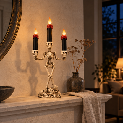 Skeleton candle holder lit on a mantelpiece in a dark room at night