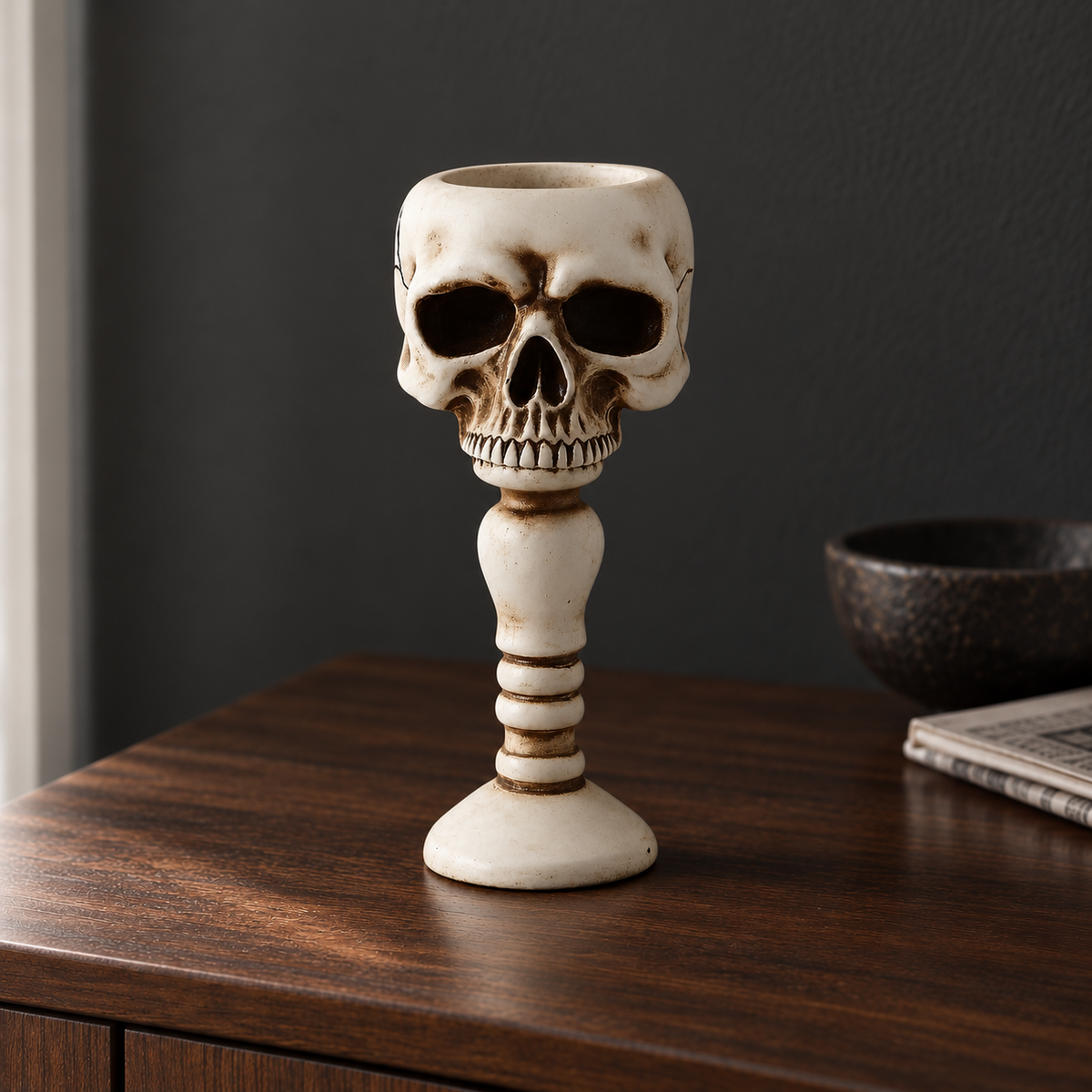 Bone skull candle holder on a walnut console table against a dark wall in daylight