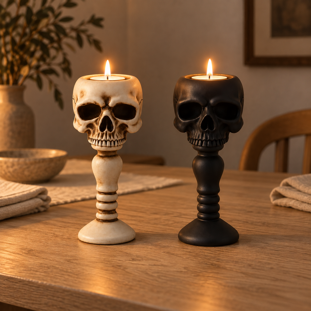 Two skull candle holders on an evening dinner table with lit tealights in their crowns