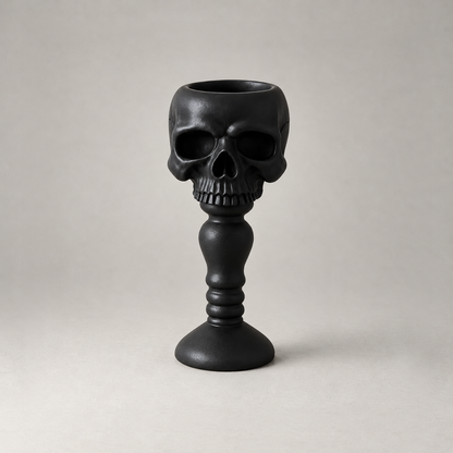 Black skull candle holder shown front on against a plain grey studio background