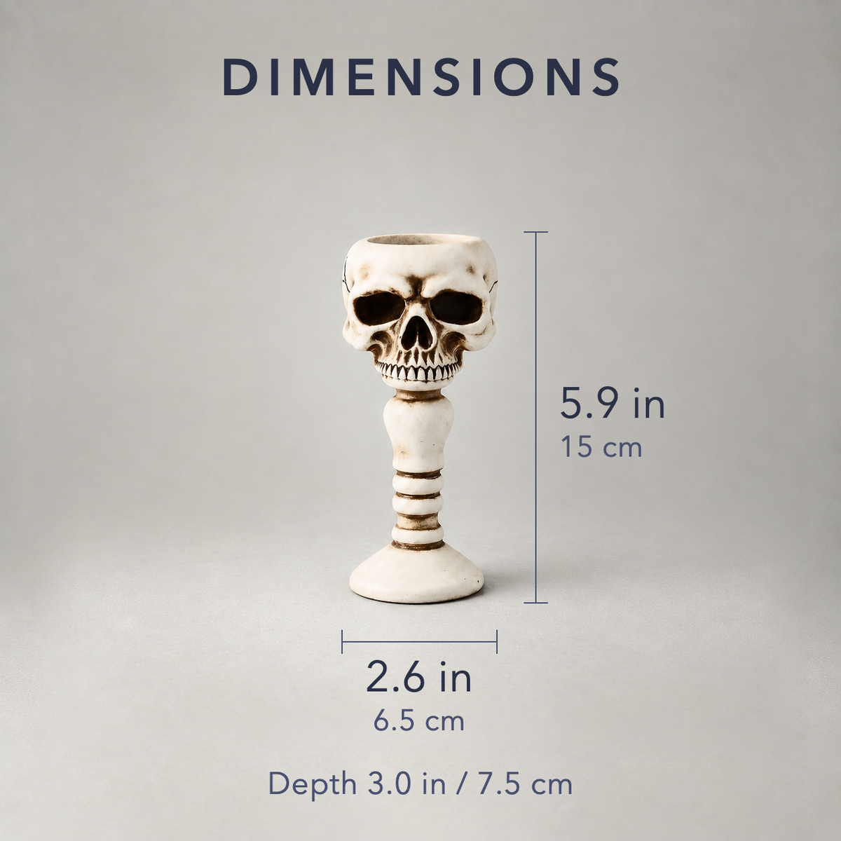 Dimensions of the skull candle holder, 5.9 inches tall and 2.6 inches wide, 3 inches deep