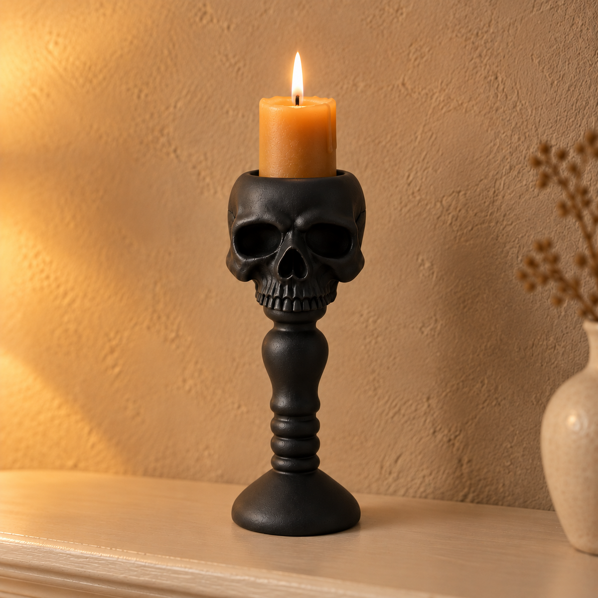 Black skull candle holder on a painted mantel shelf in the evening, with a tall amber pillar candle lit in the well in the top of the head