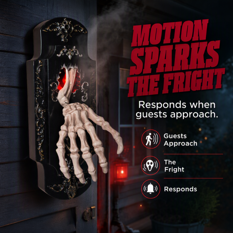 Halloween door decoration on dark wood siding at night, red light glowing inside the torn panel and mist rising past the skeleton hand