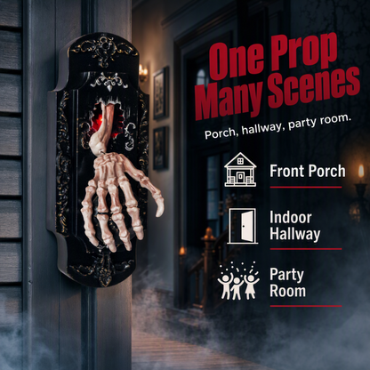Halloween door decoration on a porch column with a lit hallway behind it, the skeleton hand held out from the black plaque
