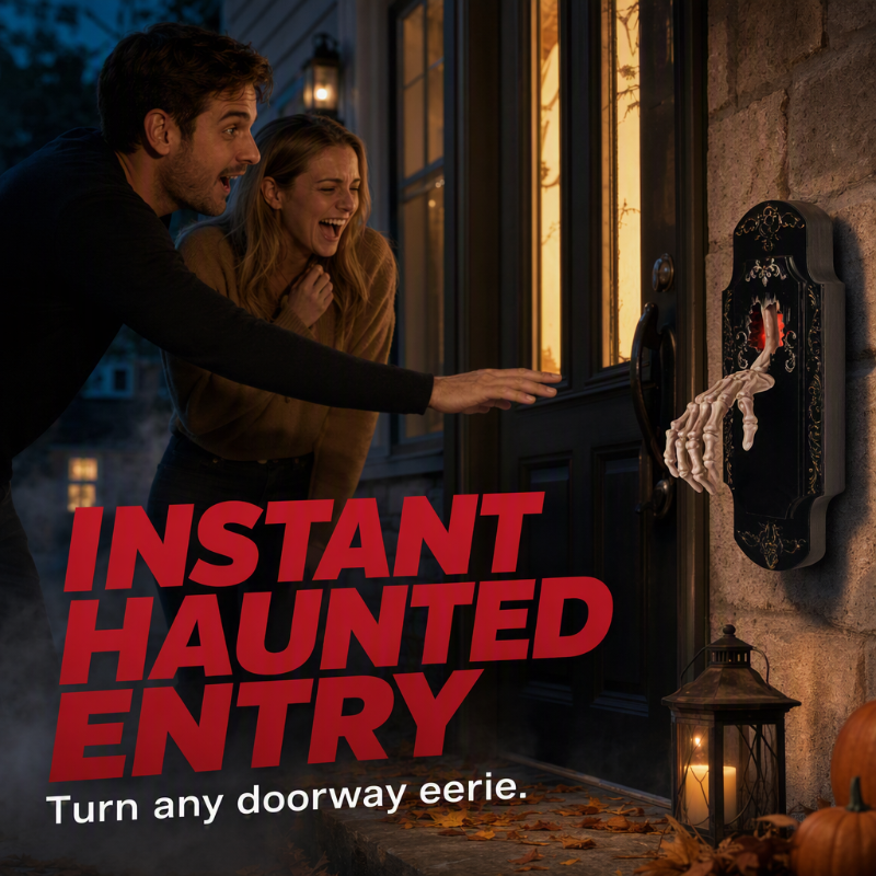 A man and a woman stepping back from a lit front door as the Halloween door decoration on the stonework beside it lights up
