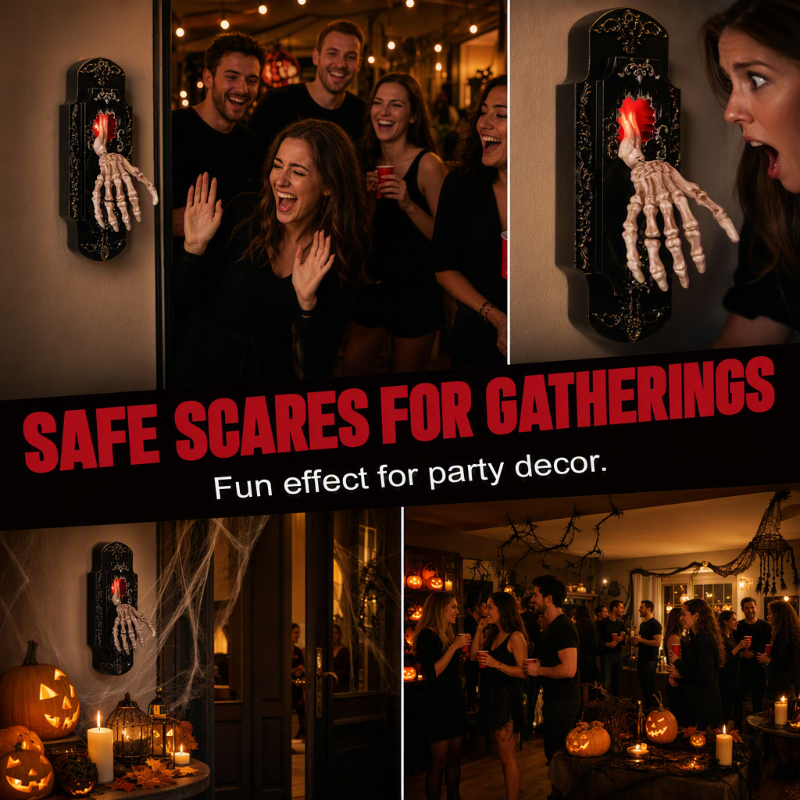 Four photographs of the Halloween door decoration at a party, guests reacting to the skeleton hand indoors and on a porch
