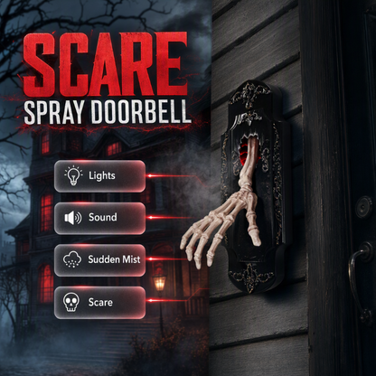 Halloween door decoration mounted on a dark front door beside the handle, red light in the tear and mist drifting across the skeleton hand