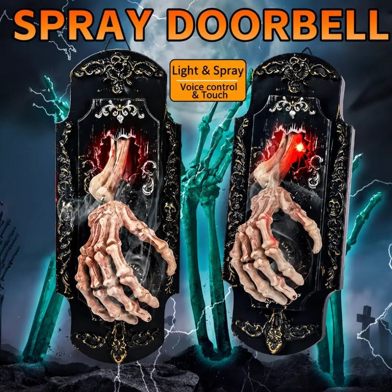 Two Halloween door decorations side by side, one with the red light off and one with it on, mist drifting from both