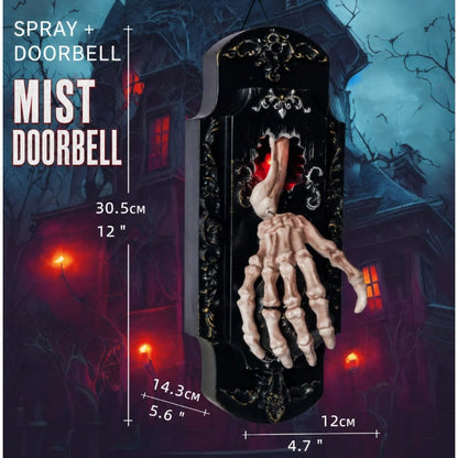 Halloween door decoration shown at an angle with its height, width and depth measured in centimeters and inches