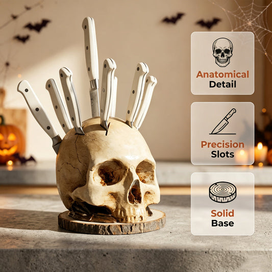 Resin skull knife block on a pale kitchen counter in daylight, six knives standing in the slots across the crown