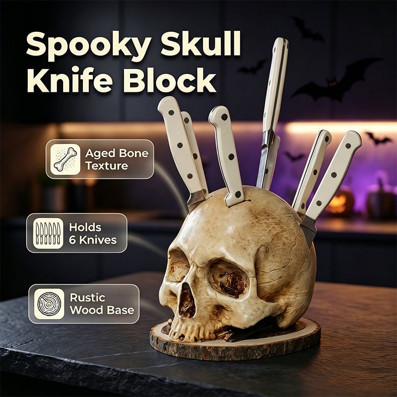 Skull knife block holding six knives on a dark kitchen counter, cream finish with brown staining in the eye sockets