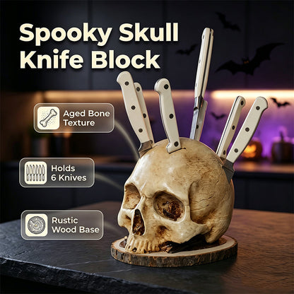 Skull knife block holding six knives on a dark kitchen counter, cream finish with brown staining in the eye sockets