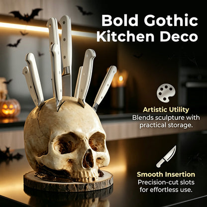 Skull knife block loaded with six knives on a dark counter under warm under-cabinet lighting