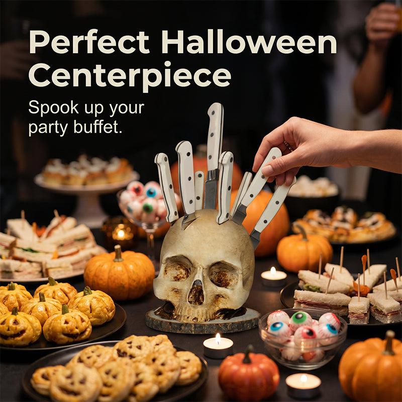 Skull knife block on a Halloween party table, a hand lifting one of six knives out of the crown