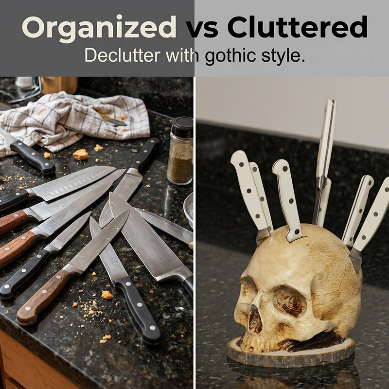 Knives scattered across a cluttered countertop beside the same knives standing in the skull knife block