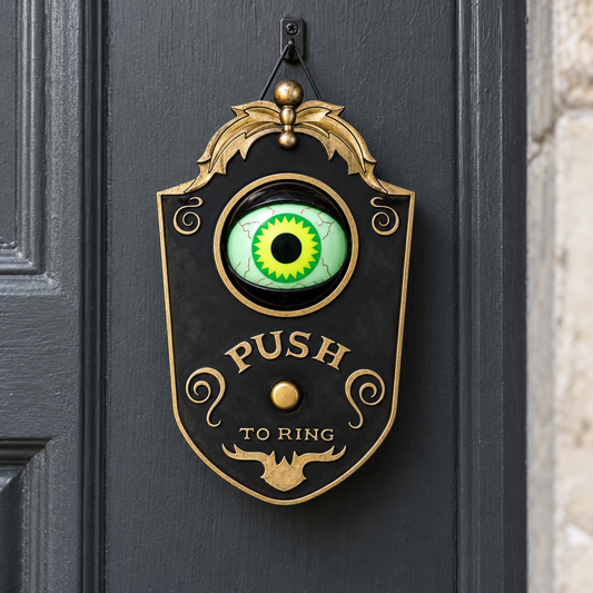 Black Halloween eyeball doorbell decoration hanging beside a painted front door in daylight, its single green eye lit inside a gold-toned ring
