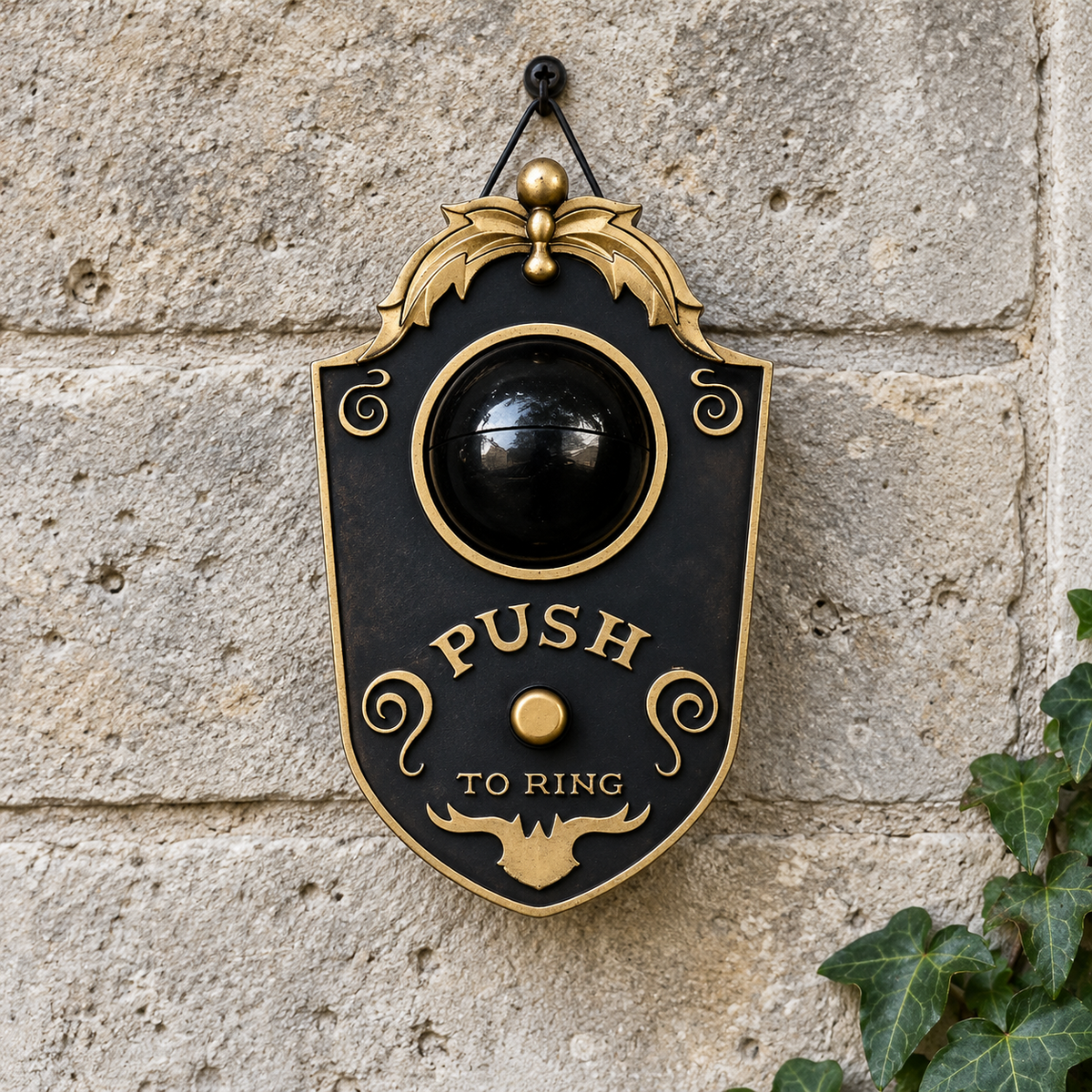 Black Halloween eyeball doorbell decoration on a pale stone porch wall in daylight with the eye shut, a plain glossy black dome filling the gold-toned socket ring