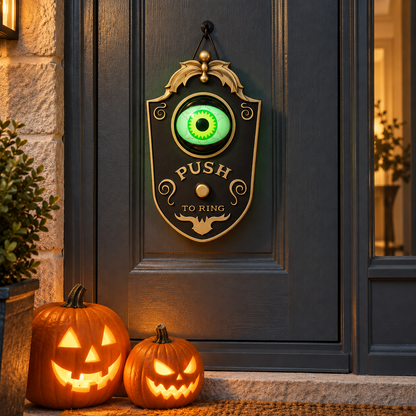 Black Halloween eyeball doorbell decoration on a front door at evening, its green eye lit, with two carved lit pumpkins on the step below