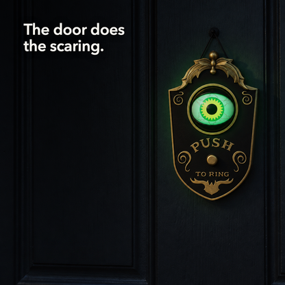 A black eyeball doorbell decoration on a dark front door with its green eye lit, and the line "The door does the scaring"