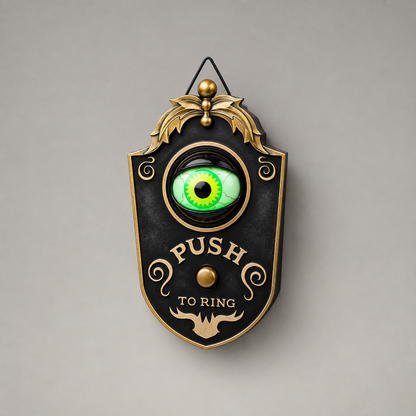 Black Halloween eyeball doorbell decoration photographed straight on against a plain grey background, its green eye lit inside a gold-toned ring