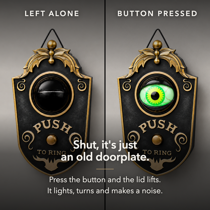 The same black eyeball doorbell decoration side by side, the eye shut on the left and open and lit green on the right, with the line "Shut, it's just an old doorplate"