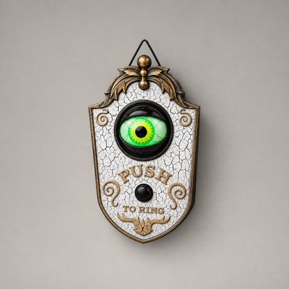 White Halloween eyeball doorbell decoration with a crackle finish, a black socket ring and a black button, photographed straight on against a plain grey background